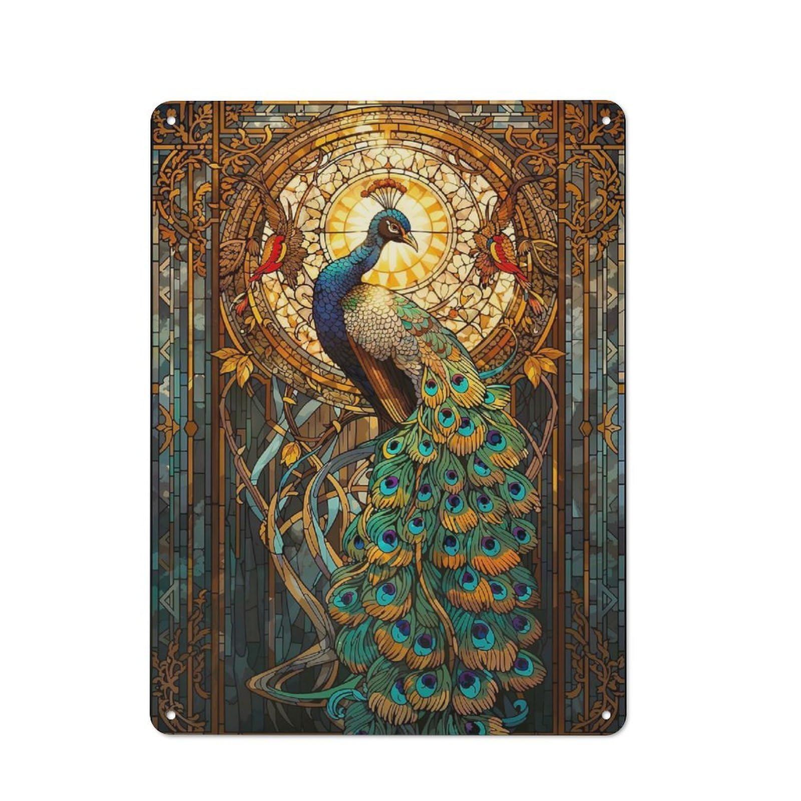 Junmoney Style-12 Peacock Stained Glass Art Nouveau Metal Wall Plaque 40X30cm, Vintage Nostalgic Wall Art For Bedroom, Office, Home Bar Or Dining Room