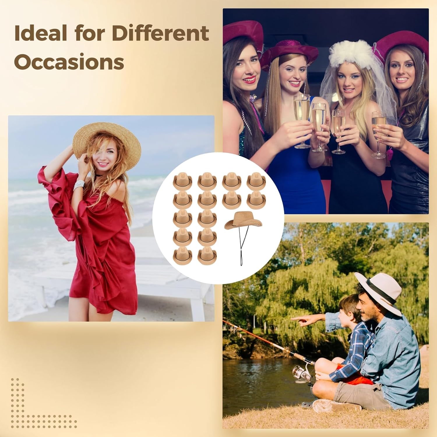 15 Pcs Straw Cowboy Hats, Western Wide Brim Hats for Men & Women, Unisex Cowgirl Hat, Sun Hats with Adjustable Chin Strap for Outdoor Activities, Themed Parties - Image 6