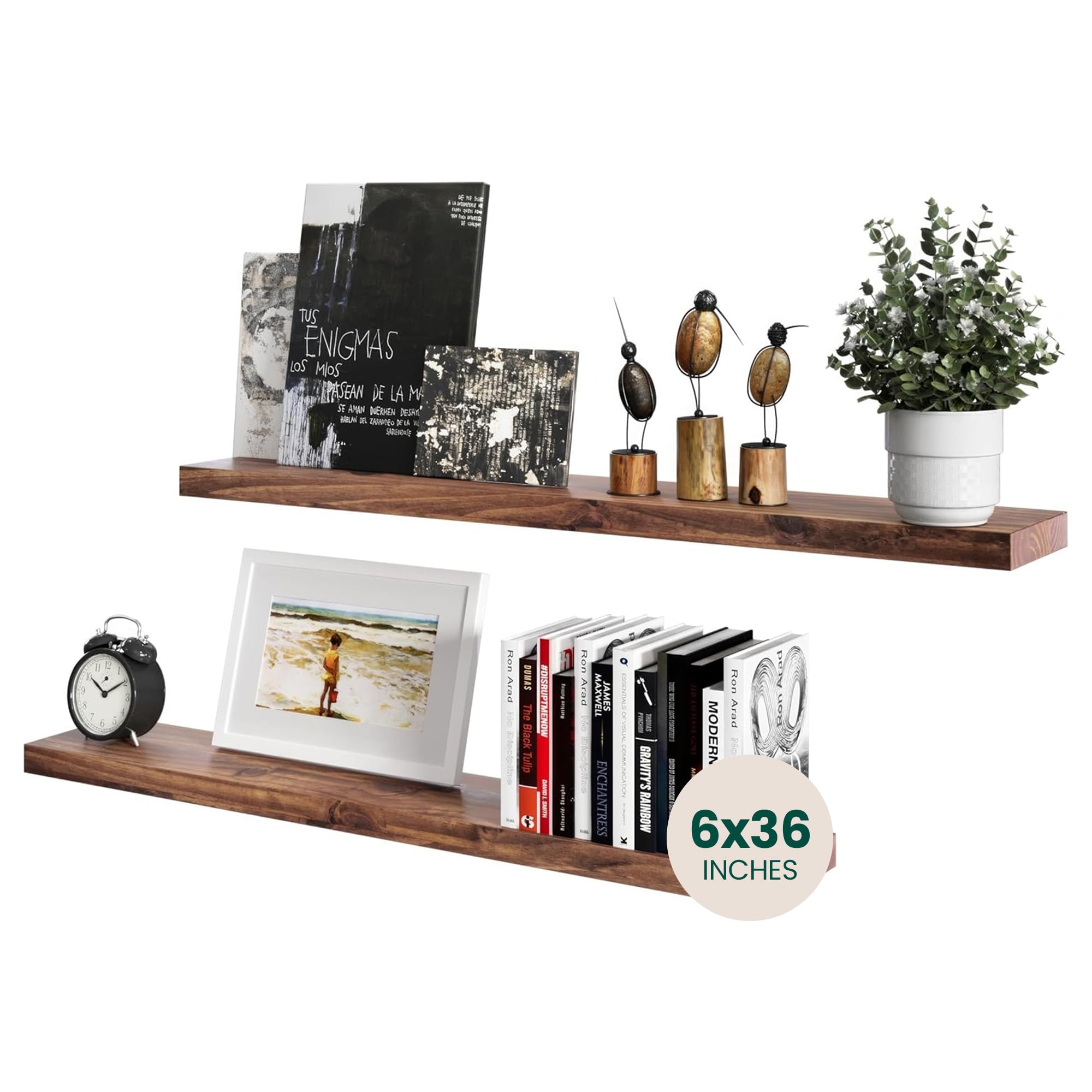 LETTO Set of 2 Solid Wood Floating Shelves - Floating Shelves for Wall - Bathroom Wooden Shelves - All Included Set-up - Mounted - Home Decor - 36