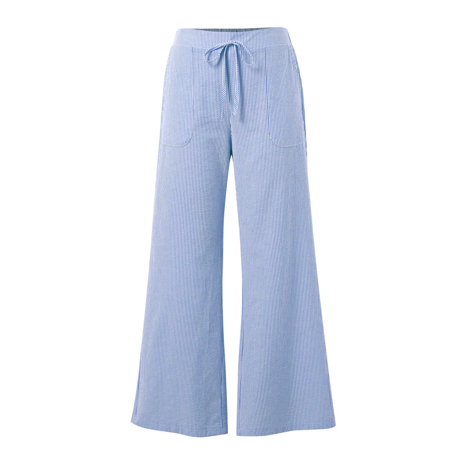 Pantalon Femme Ample Taille Élastique Rayé Pantalon Chic et Elegant Pantalons Fluide Pantalons de Jogging à Jambes Larges avec Cordon de Serrage Femme