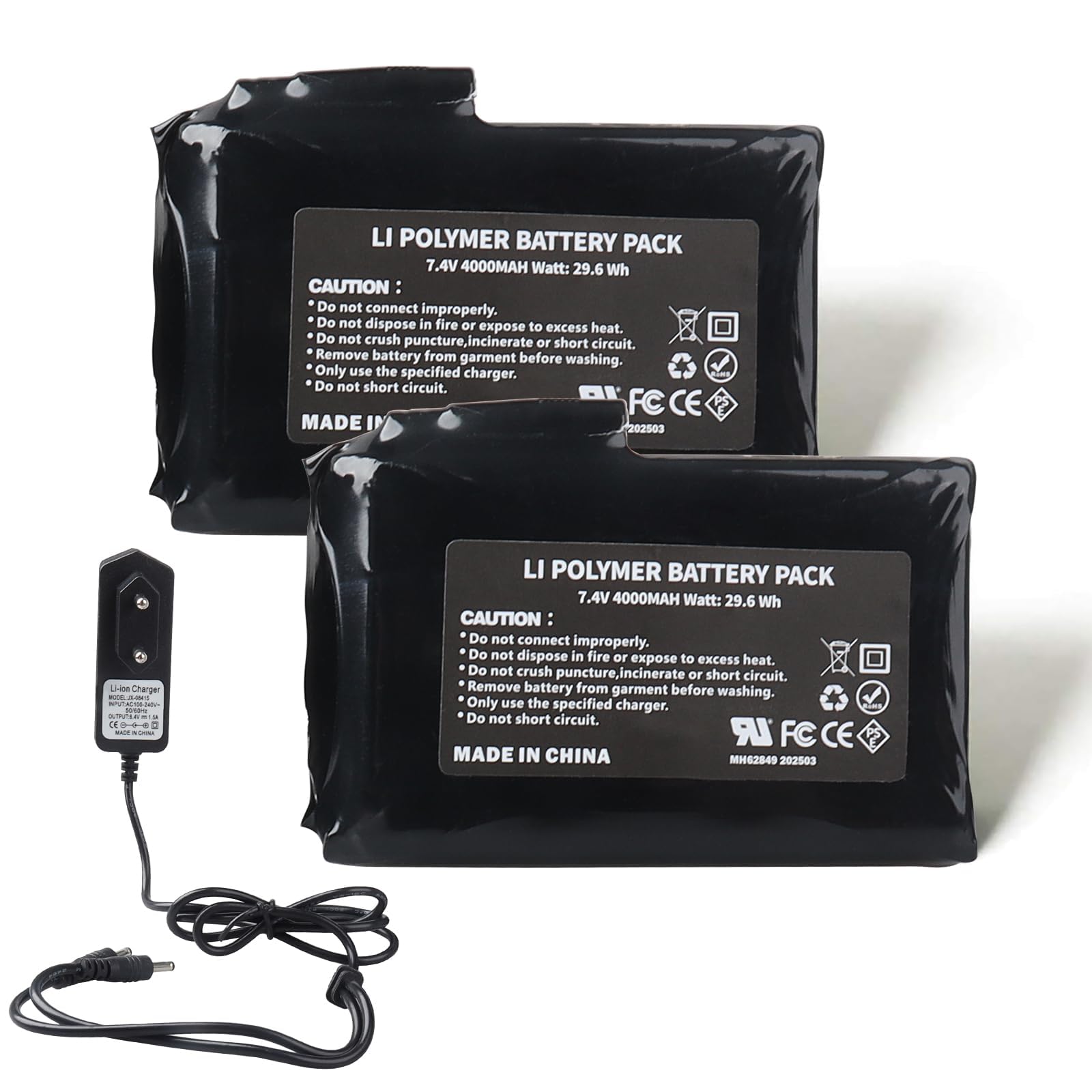 MXJFYY 2 Stück 7,4 V 4000 mAh 22,2 Wh Li-Polymer-Akku für be-heizte Handschuhe, be-heizte Socken, be-heizte Mützen, beheizte Sturmhauben, beheizte Einlegesohlen, Thermounterwäschehosen, Fäustlinge