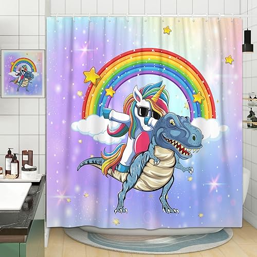 Miniatura 3 de MERCHR Bonita cortina de ducha de dinosaurio con diseño de unicornio para el baño de los niños, divertido juego de cortinas de ducha de tela con
