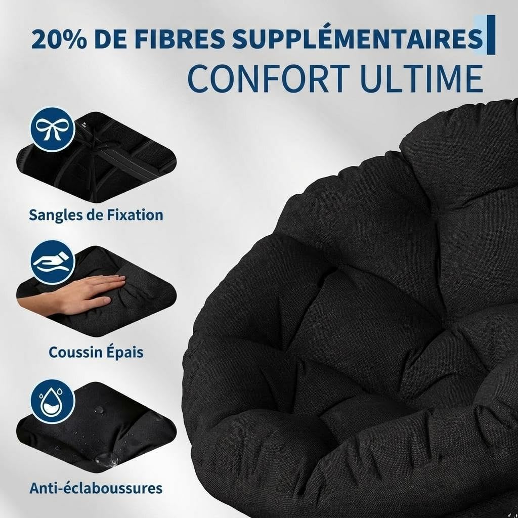 Fauteuil Papasan Rotin Pivotant Fauteuil Cocon Confortable Epais Coussin 15cm Moelleux Structure Stable Imperméable Chaise Relaxation Salon Coin Lecture Terrasse Charge 160 kg