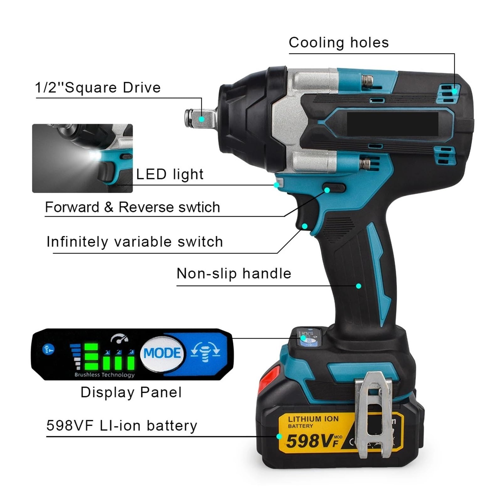 Llave de impacto Llave De Impacto Inalámbrica, Llave Eléctrica Sin Escobillas De Alto Torque, Reparación De Coche Recargable De 1/2 Pulgadas For Herramientas Eléctricas De Batería De 18V(No Battery Se