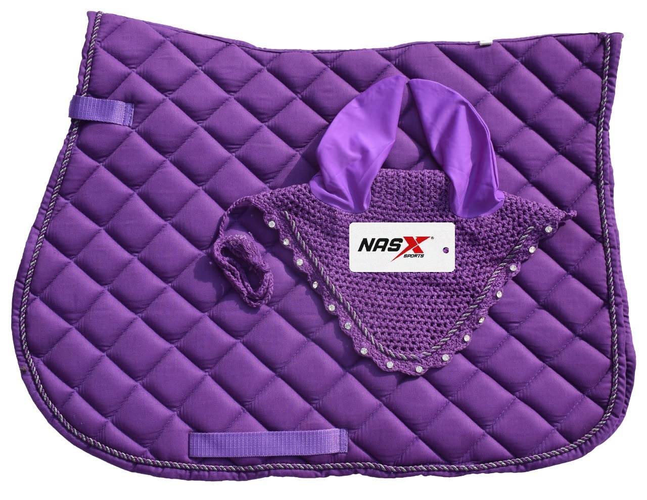 Saddle Pads with Matching Diamante Set Fly Veil Bonnet Ear bonnet Padded Numnah (COB, Purple) โ image 1