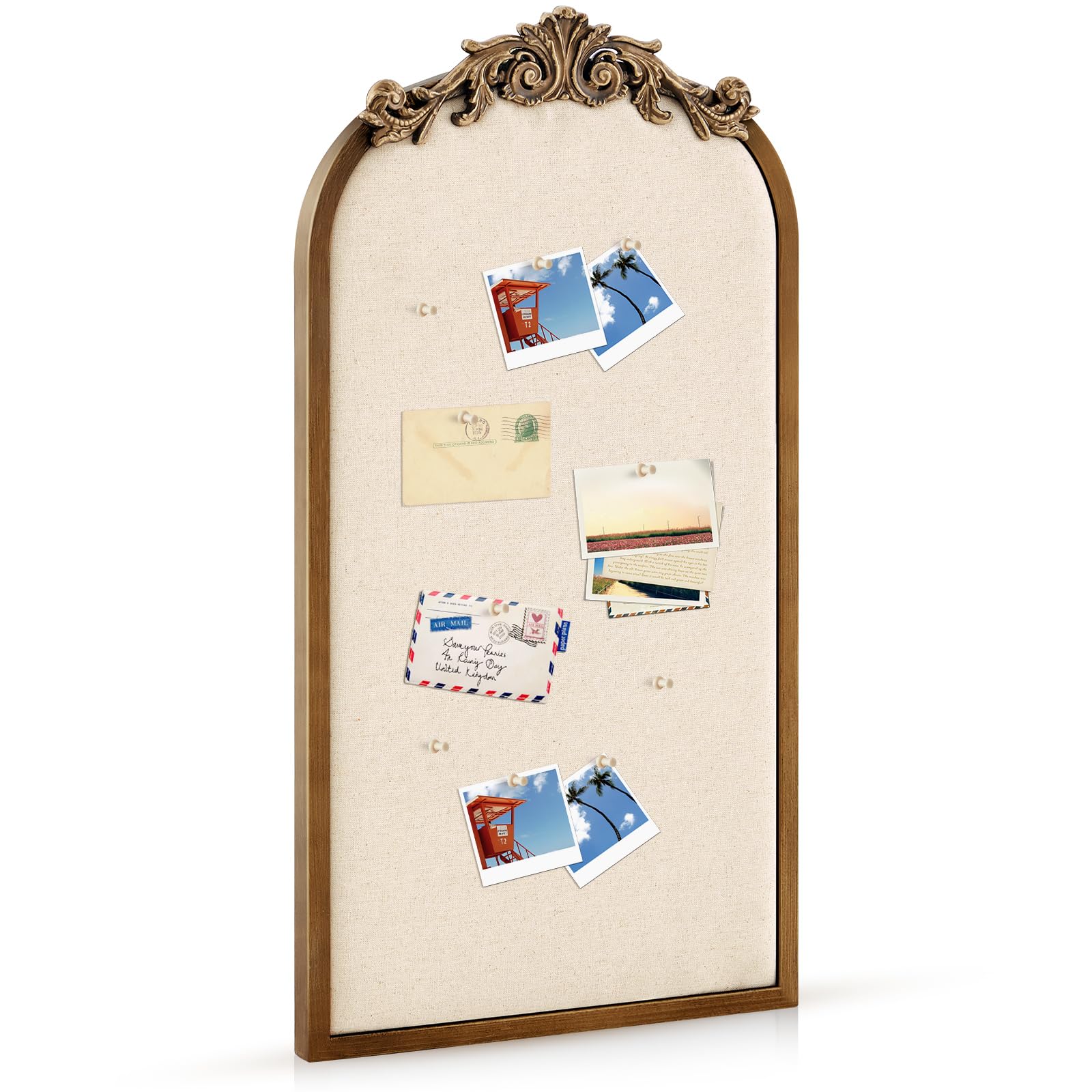 Wonderjune Vintage Arch Framed Pin Board 13 x 25'' Gold Linen Bulletin Board Large Fabric Decorative Pinboard for Wall Arched Ornate Picture Memo Display Pinboard for Home Office Farmhouse-image-45