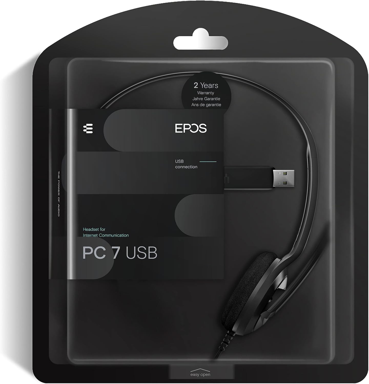 EPOS PC 7 USB Headset packaging showing 2-year warranty
