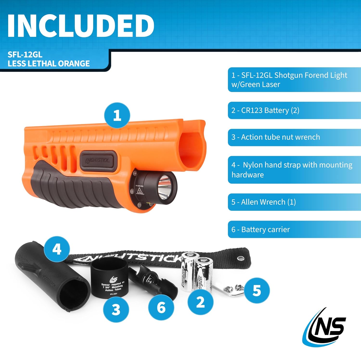 Nightstick SFL-12GL Shotgun Forend Light - 1200 Lumens Forend Light for Mossberg 500/590/590A1/Shockwave - IP-X7 Waterproof Impact & Chemical Resistant - 2 CR123 Batteries - Less Lethal Orange