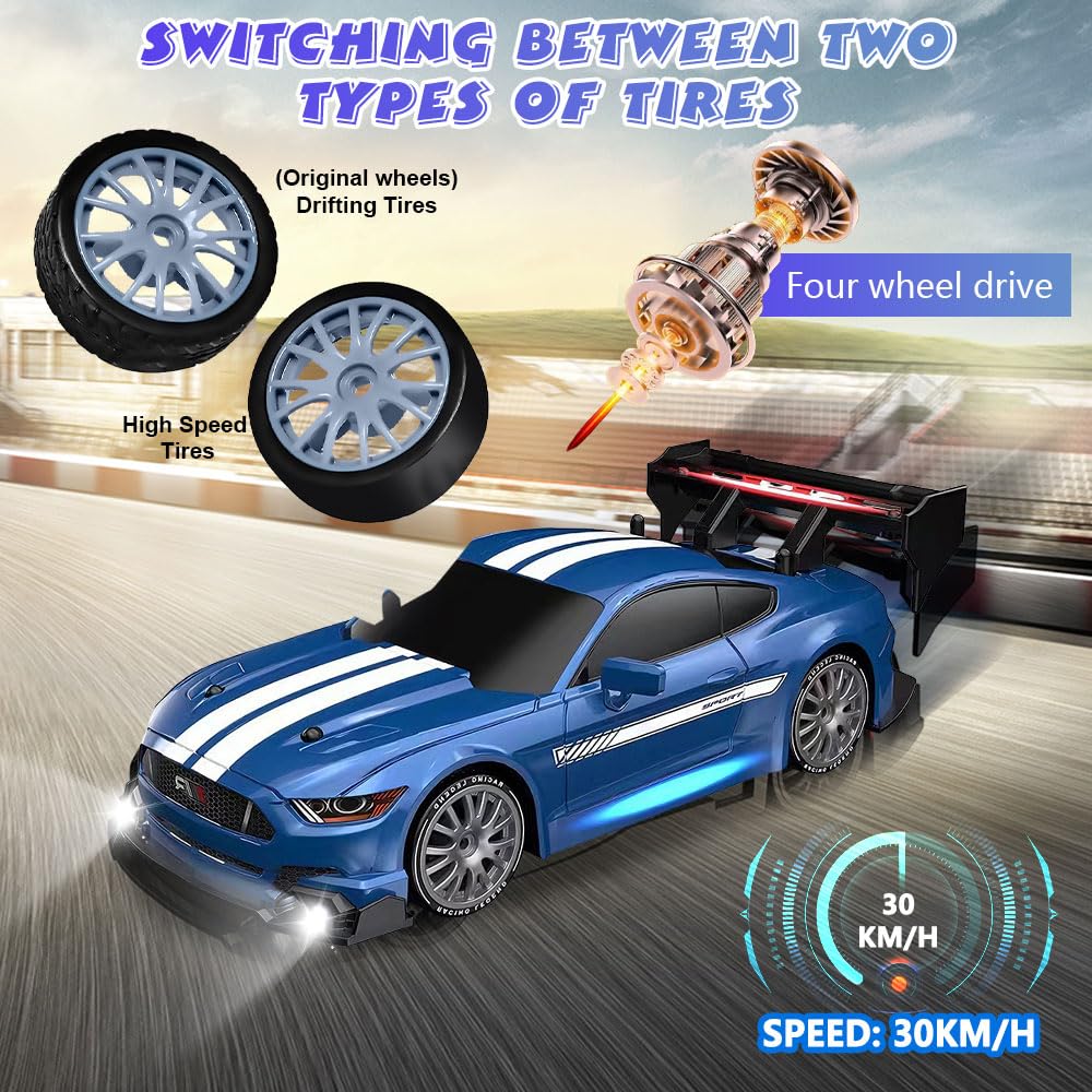 KUWUNG RC Drift Car, 1:24 Remote Control Cars with Cool LED Lighting, 2.4 GHz Rechargeable Mini RC Drift Car, 30km/h, 4WD Toy Vehicle Gift for Kids and Adults (Blue) - Image 4