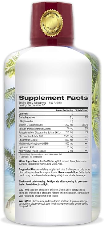 Tropical Oasis Joint Complete Premium - Liquid Joint Supplement with Liquid Glucosamine Sulfate, Chondroitin, MSM & Hyaluronic Acid - 96% Max Absorption 32oz, 32 serv, 33484