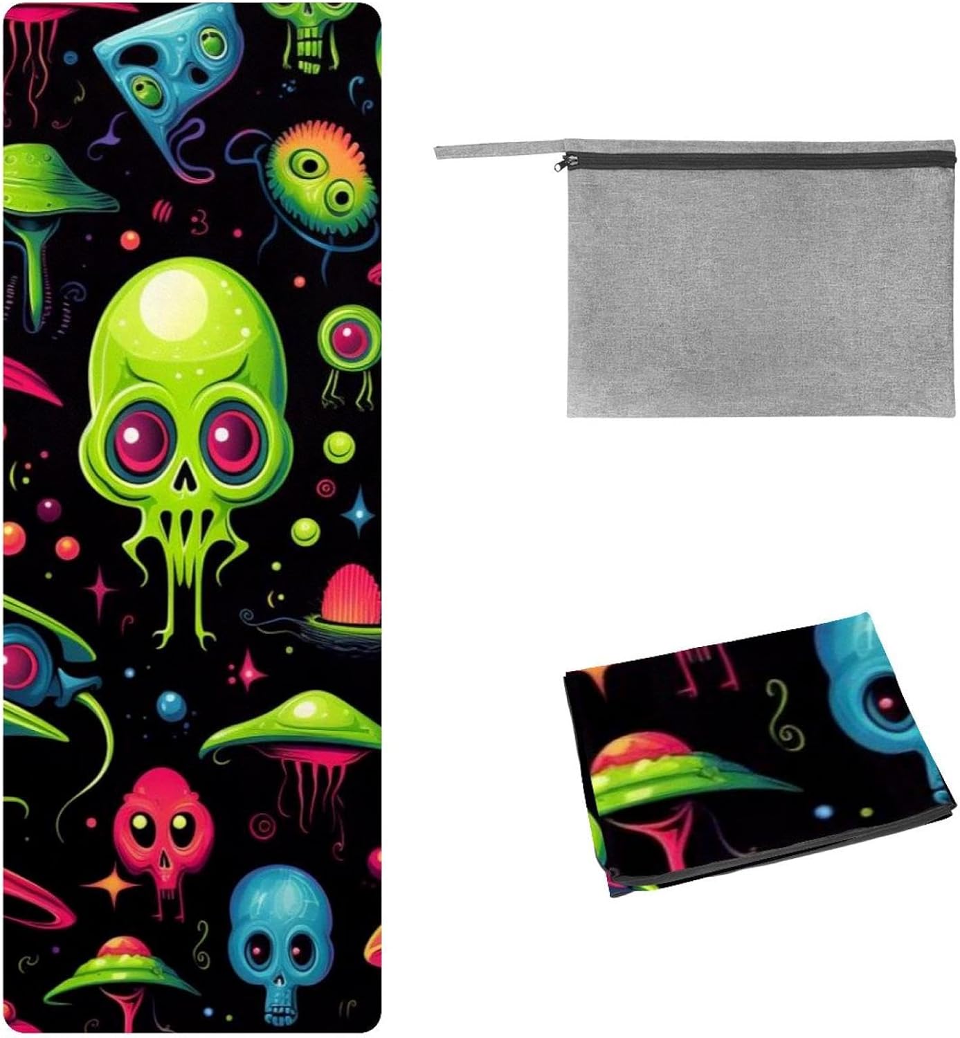 Yoga Towel, Outer Space Alien Pattern Non Slip Sweat Absorbent Hot Yoga Mat Towel for Hot Yoga, Pilates and Fitness - 72.8" x 26.8"