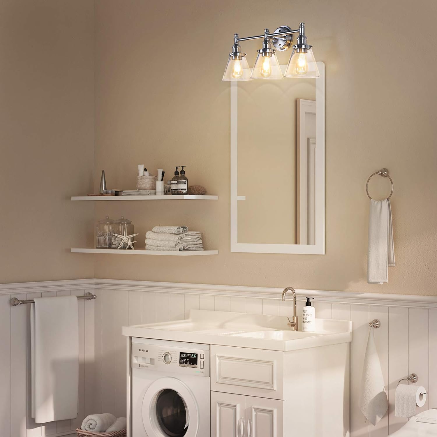 Bеѕt Cуbеr Dеаlѕ 🔥 DEWENWILS 3-Light Vanity Light Fixtures, 5-Piece All-in-One Bathroom Set, Bathroom Light Fixtures with Clear Glass Shade, Towel Bar, Towel Ring, Robe Hook, Toilet Roll Holder, Brushed Nickel Rеvіеw Prоduсt DEWENWILS 3-Light Vanity Light Fixtures, 5-Piece All-in-One Bathroom Set, Bathroom Light Fixtures with Clear Glass Shade, Towel Bar, Towel Ring, Robe Hook, Toilet Roll Holder, Brushed Nickel