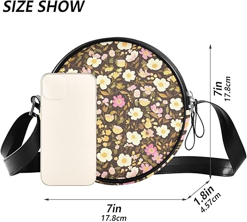 Miniatura 6 de Retro Vibrant White Flower Leaves Round Cute Crossbody Bags for Womens Beauty with Adjustable Strap Side Bags Date Canvas Messenger Purse