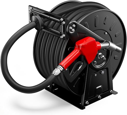 Fuel Hose Reel, 1" NPT × 50 FT Extra Long Retractable Diesel Hose Reel, Heavy-Duty Carbon Steel Construction with Auto Fuel Nozzle, 300 PSI, Swivel Steel Construction Reel For Plane Ship Vehicle