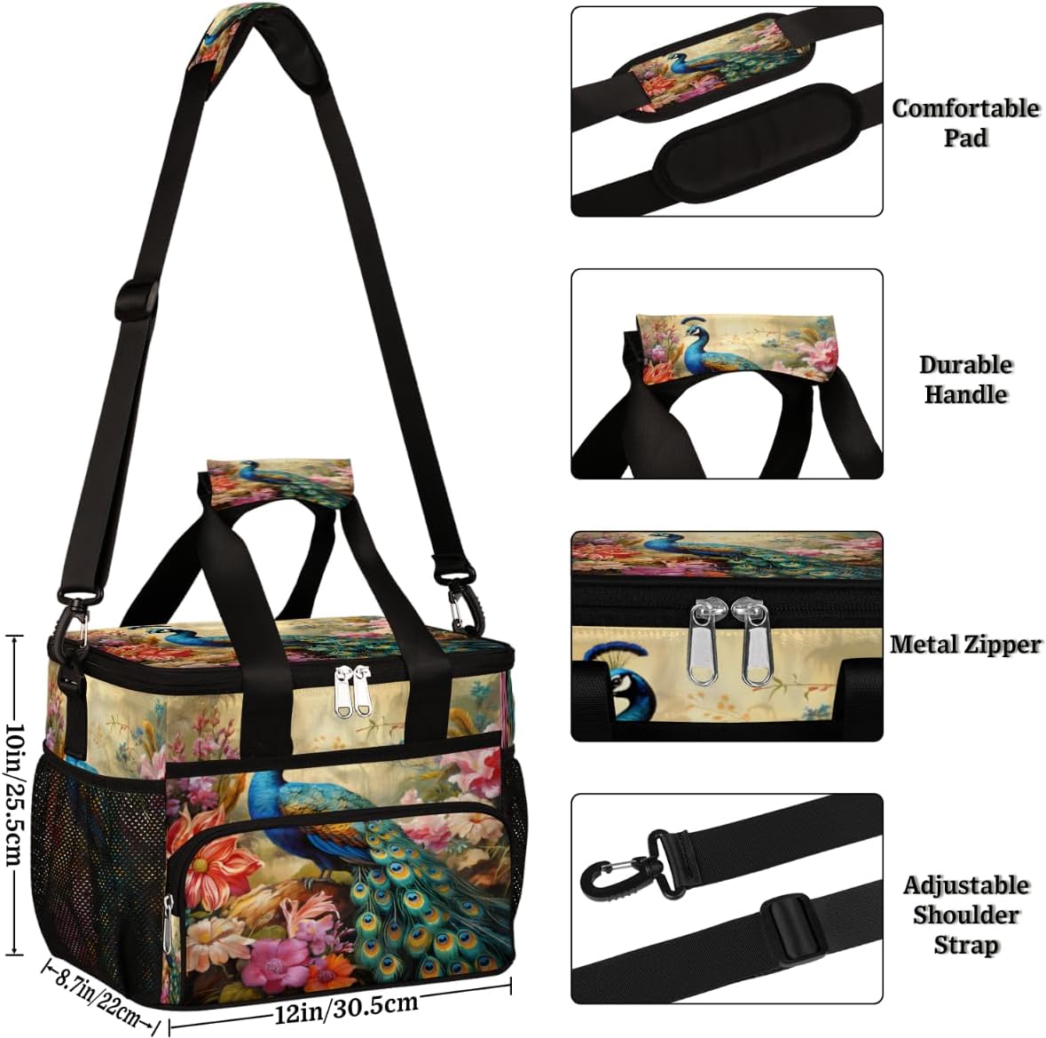 Flowers Insulated Picnic Backpack Lunch Box for Women Men Picnic Basket Tote Lunch Bag Picnic Bag Portable Lunch Bags for Picnic, Beach, Work, Trip,Office, Camp Colorful Peacock