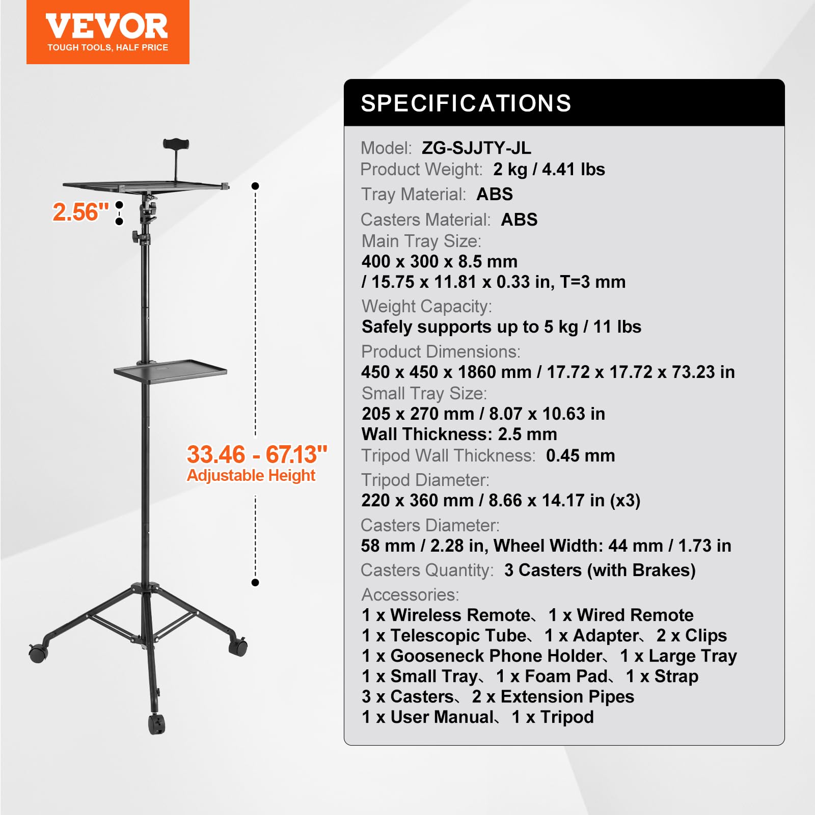 VEVOR Projektorständer mit Rädern Laptopständer-Stativ, höhenverstellbar von 795 bis 1710 mm, Projektor-Stativständer mit 2 Ablagen & Schwanenhals-Telefonhalterung, im Freien/Büro/Studio, zu Hause