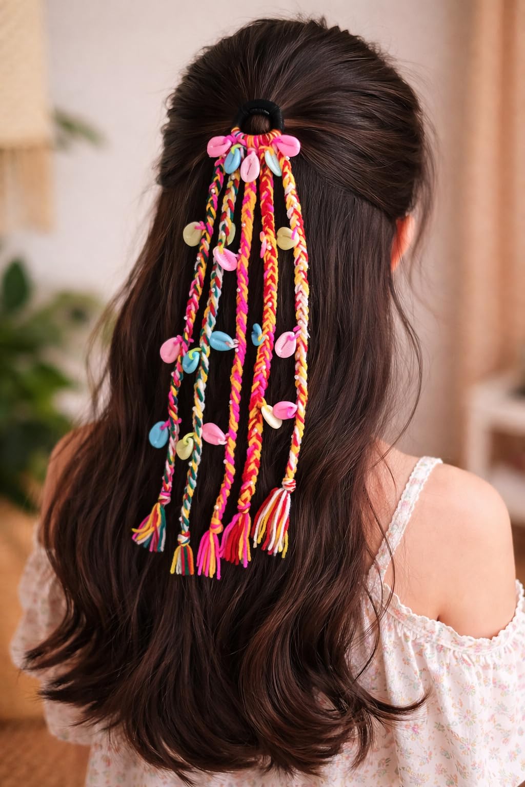 Handmade Colourful Braided Hair Tie with Shell Beads and Tassels, Boho Style Ponytail Holder-image-48