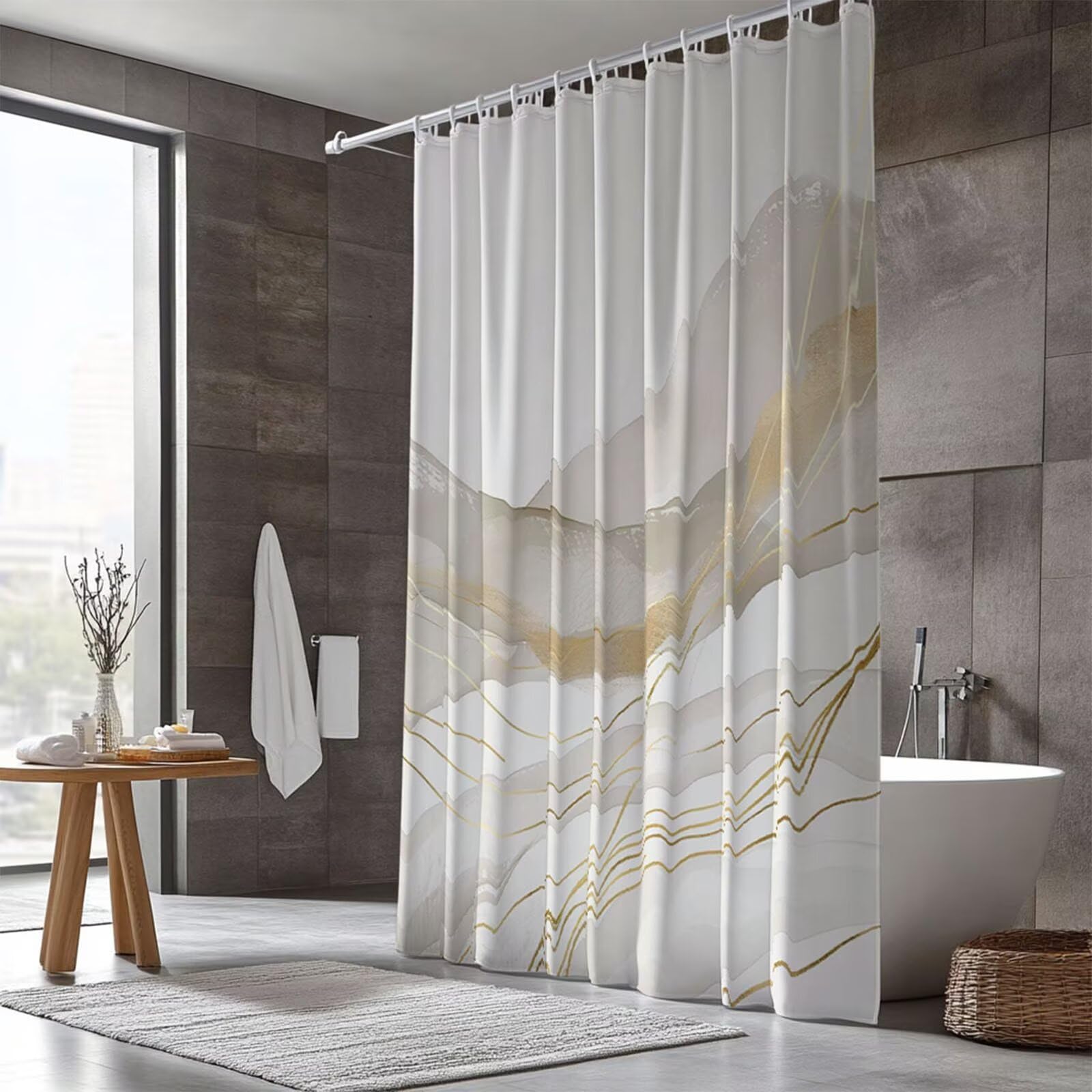 Duschvorhang Überlänge 300x180cm,Grau Duschvorhänge Waschbar, Modern Duschvorhang mit Gewicht Polyester Stoff Shower Curtains, mit 12 Plastik Duschvorhangringen für Badewanne und Bad Deko GJ-967