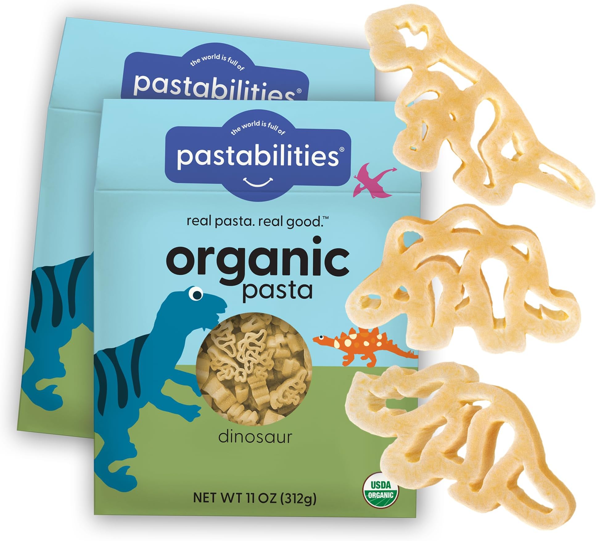 Pastabilities Organic Pasta for Kids - Dinosaur Pasta - Fun Shapes Bite-size, Family Size – Serves 4 Non-GMO Natural Wheat Pasta, All-Natural, Kosher Certified, Made in the USA, (2 Pack,11 Oz)