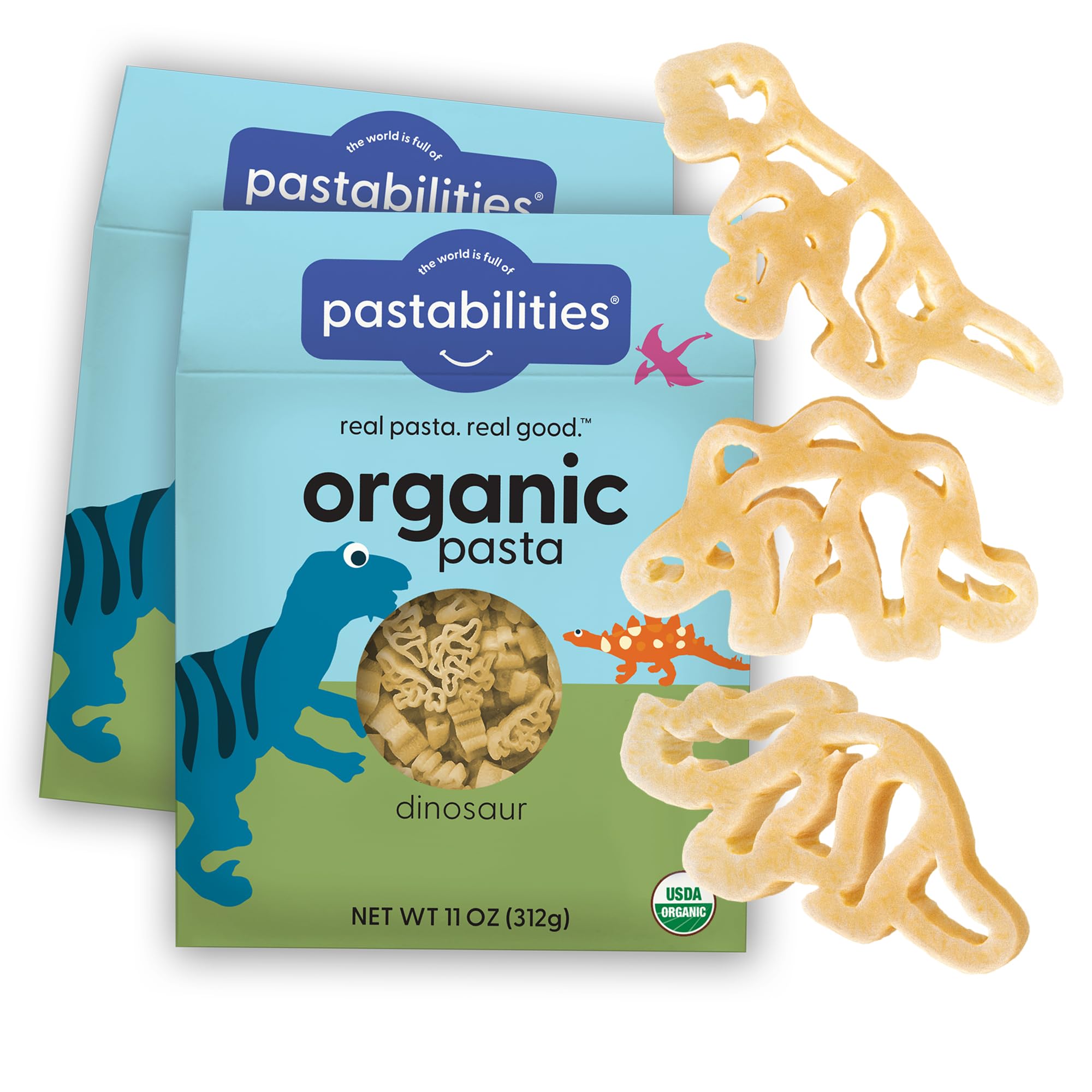 Pastabilities Organic Pasta for Kids - Dinosaur Pasta - Fun Shapes Bite-size, Family Size – Serves 4 Non-GMO Natural Wheat Pasta, All-Natural, Kosher Certified, Made in the USA, (2 Pack,11 Oz)USDA Organic
