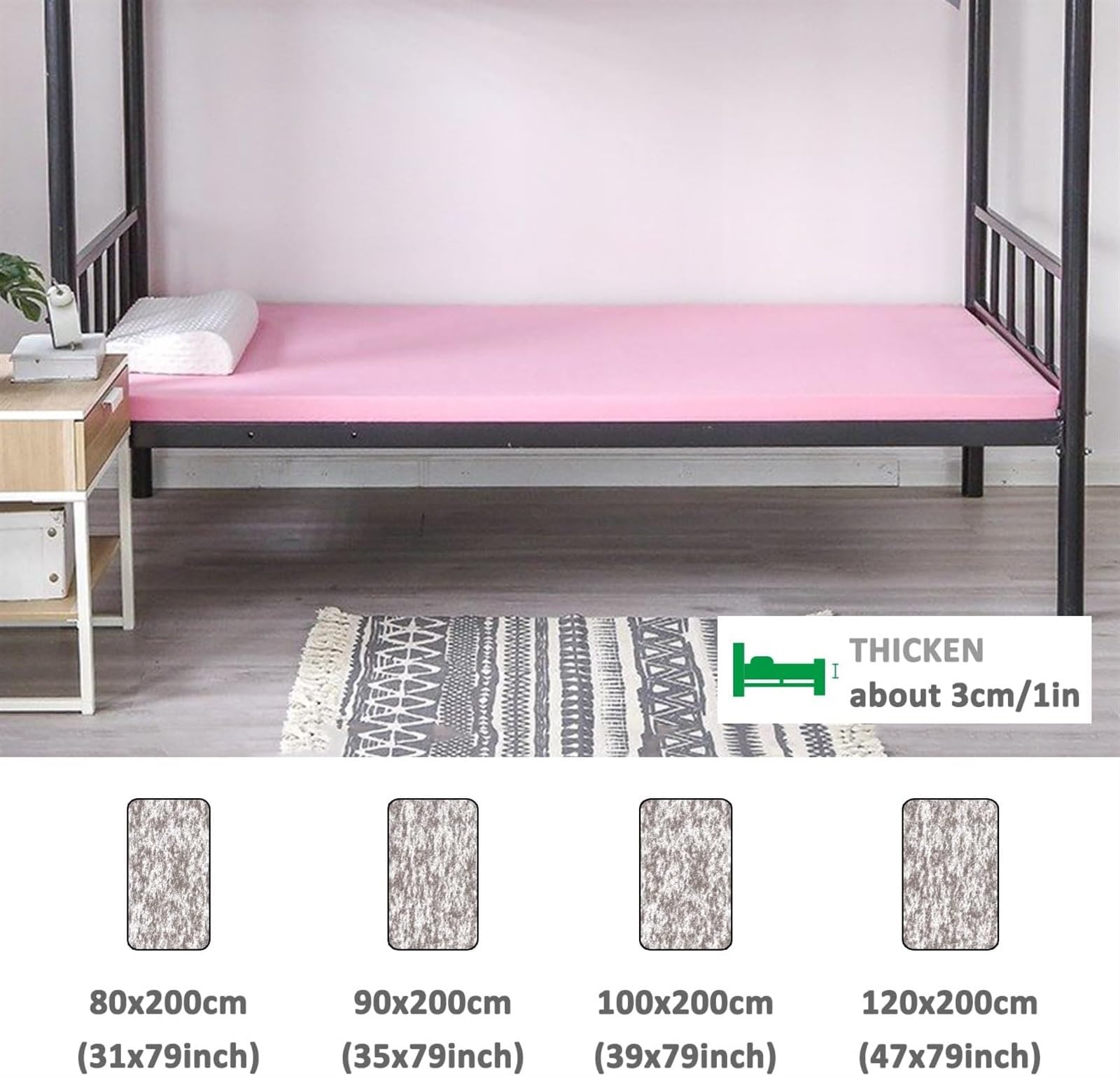 Colchón Topper de Espuma Viscoelástica para Cama Individual, Topper Suave para Dormir, Almohadilla de Colchón Ventilada de Alta Densidad con Funda Desmontable y Lavable(Pink 3cm,90x190cm)