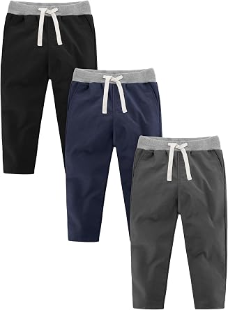 Resinta 3 Packs Boys and Toddlers Pull-On Pant Boys Uniform Pants Cotton Pull-on Pants with Drawstring