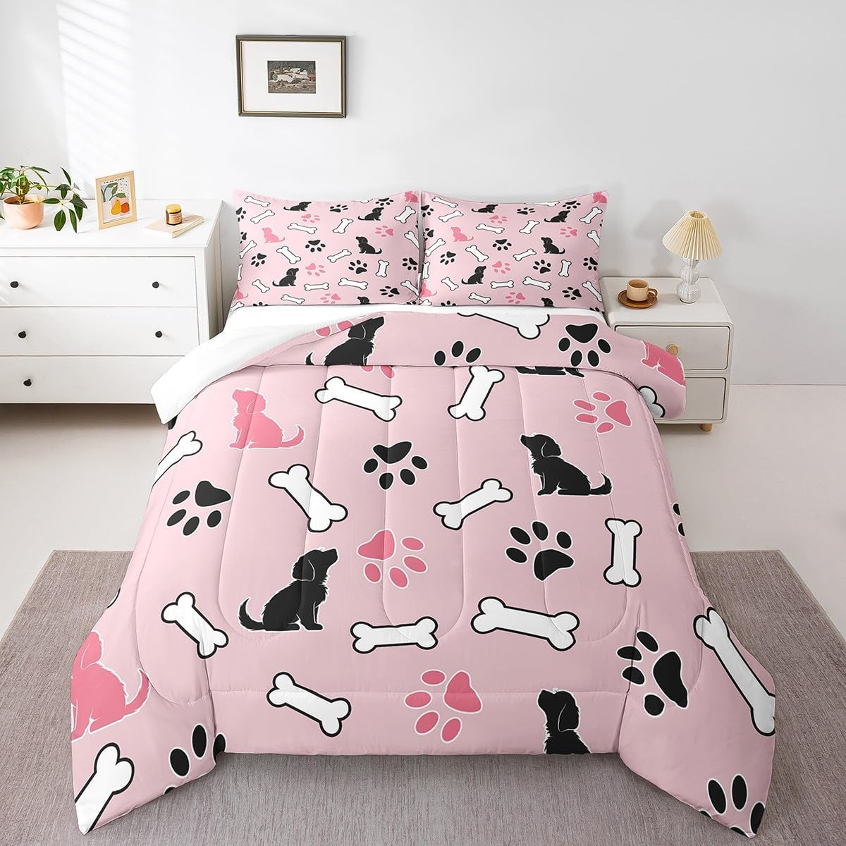 Castle Fairy Cute Dog Pattern Comforter Set,Pink Black White Bedding Set for Kids Girls Women,Adults Dog Paw Print Comforter,Kawaii Animals Quilted Duvet Set Bedroom Collection Twin Size 2Pcs