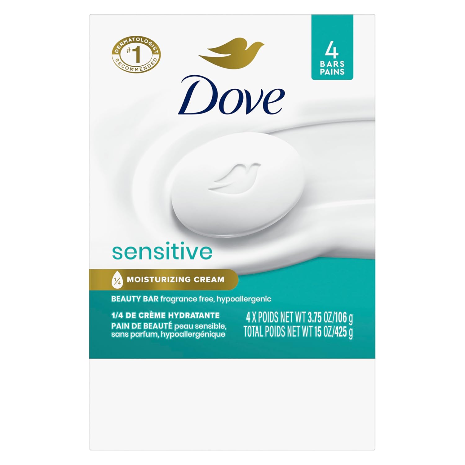 dove beauty bar soap sensitive, 4 bars for sensitive skin, fragrance free and hypoallergenic 3.75 oz unscented 4 count (pack of 1)