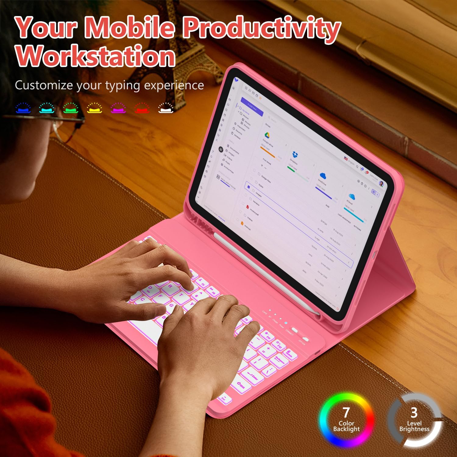 FUWANG for iPad A16 11th 10th Generation Case with Keyboard, Magnetic Detachable 7-Color Backlit Folio Cover Keyboard Case for iPad (A16) 11th 11 inch/10th Gen 10.9 inch with Pencil Holder, Pink - Image 4