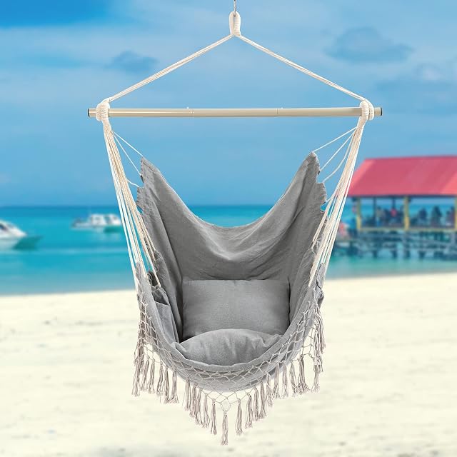 Hanging Chair, Hanging Rope Swing Seat with 2 Cushions ,Macrame Hanging Chair Side Pocket With High Load-Bearing Metal Rod,for Indoor, Outdoor, Extra Comfortable