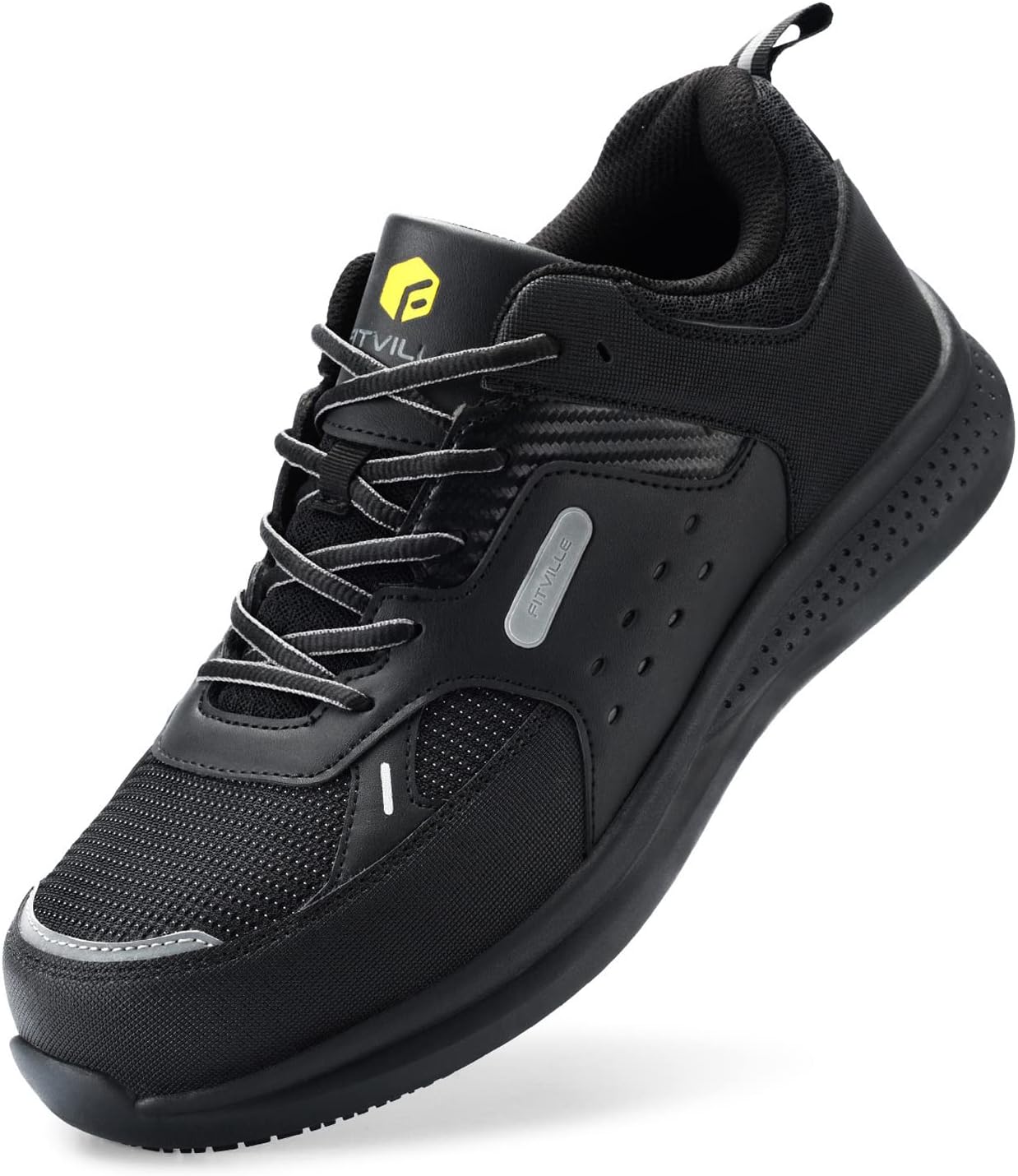 FitVille Men's Safety Shoes, Work Shoes, Wide 2E, 4E, Anti-Slip, Sneakers, Resin Toe Core, Lightweight, Breathable, Black, Brown, Anti-Slip