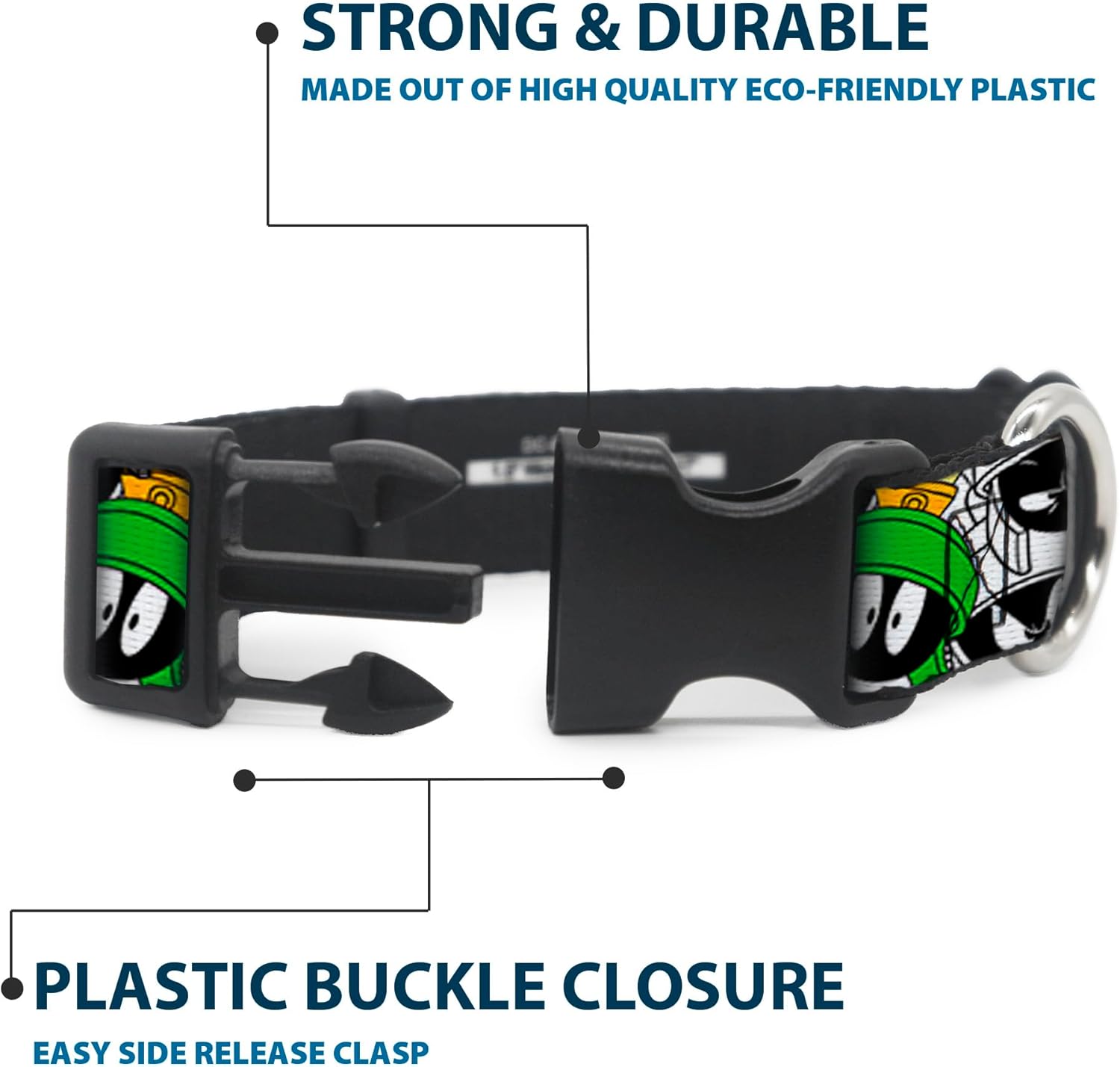 Dog Collar Plastic Clip Marvin The Martian Expressions Stacked White Black Green Gold 13 to 18 Inches 1.5 Inch Wide
