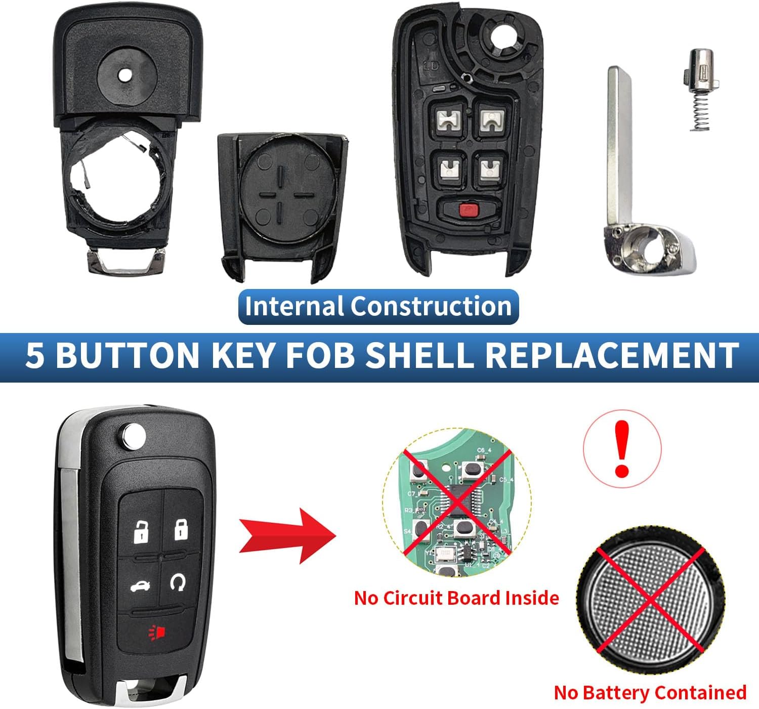 5 Button Key Fob Shell Replacement for Chevy Cruze Camaro Impala Equinox GMC Terrain Buick Regal Lacrosse 2017 2016 2015 2014 2013 2012 2011 2010 OHT01060512 Keyless Entry Remote Flip Car Key Fob Case