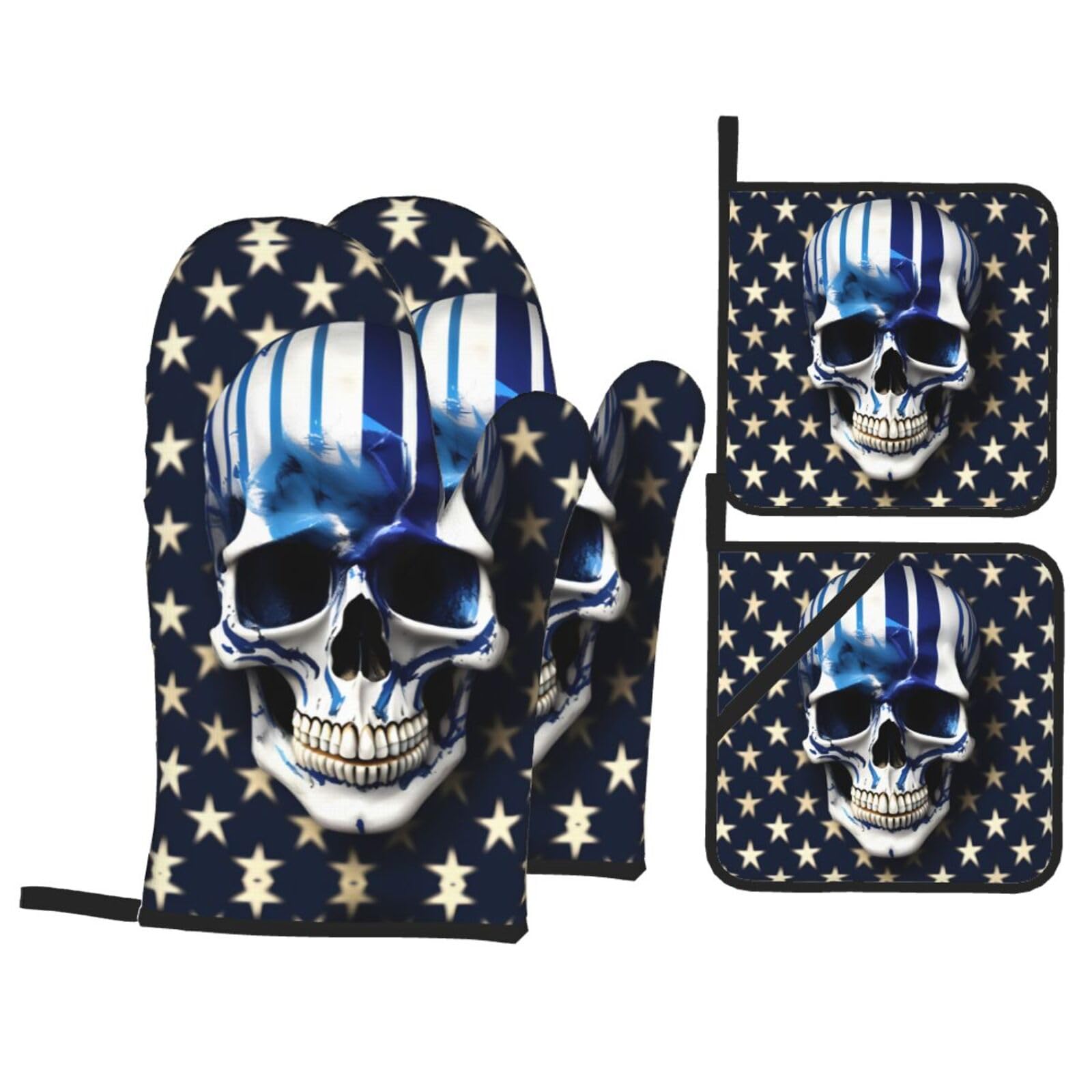 Blue Stripe Stars Skull Print Oven Microwaving Waterproof Kitchen Gloves for Baking Grilling Holiday Cooking