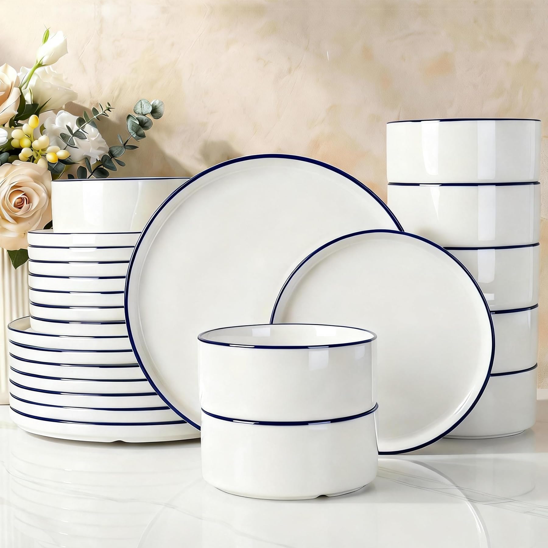 Famiware Porcelain 24-Piece Dinnerware Set, White with Blue Trim