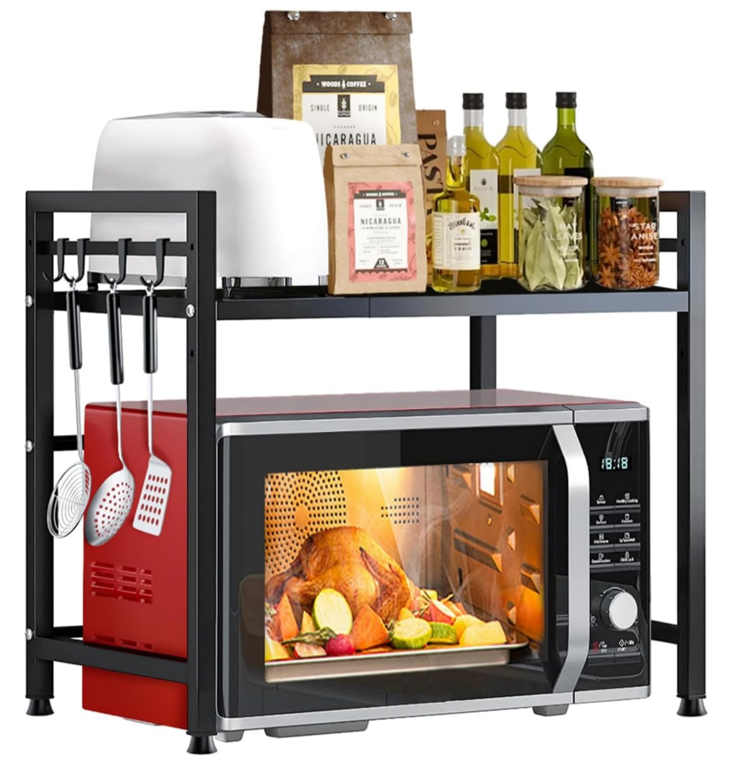 SKY-TOUCH Microwave Shelf Wood Microwave Storage Rack, Kitchen Shelf Toaster Stand Shelf Kitchen Worktop Organizer Easy to Assemble Black