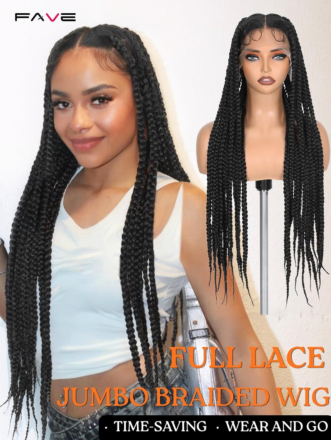 FAVE Jumbo Braided Wig for Black Women, 100% Handmade Full Lace Wig with Baby Hair Glueless Box Braids wig Heat Resistant Synthetic Pre-Plucked Braided Wig Wear and Go 32 Inch