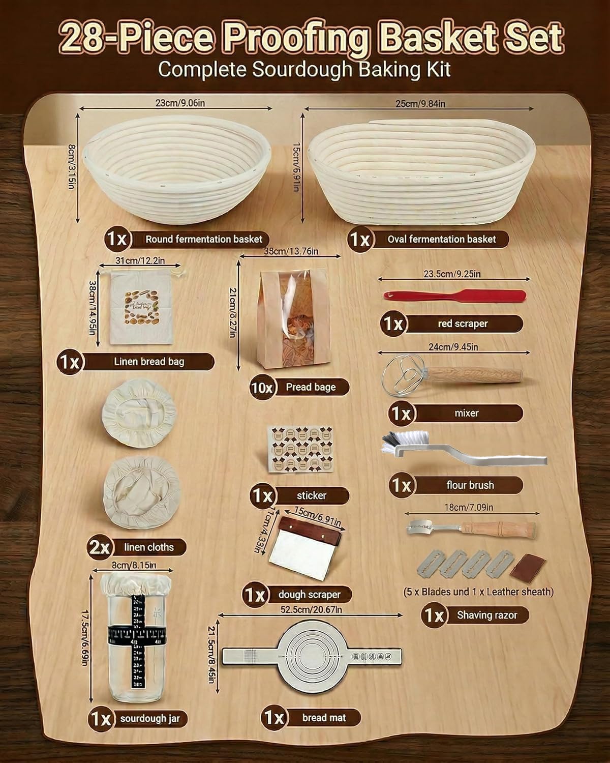 Cestini Lievitazione Pane Set, Cestino Lievitazione Pane Ovale 25cm e Rotondo 23cm con Coltello da Pane, Panni di Lievitazione, Sacchetti per il Pane, Raschietto per Impasto, Frusta