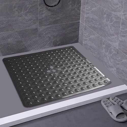 Miniatura 6 de YINENN Tapete cuadrado de baño de 21 x 21 pulgadas con ventosas y agujeros de drenaje, antideslizante y lavable para duchas (transparente)