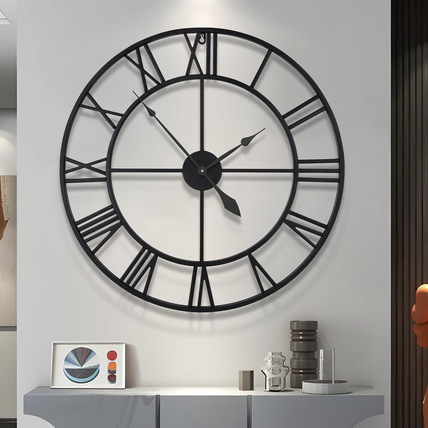 LEIKE 30" Large Wall Clock for Living Room Decor-Modern Big Round Metal Decorative Battery Operated Silent Wall Clock for Bedroom,Dinning Room,Farmhouse,Office (Black,30", Roman Numeral)