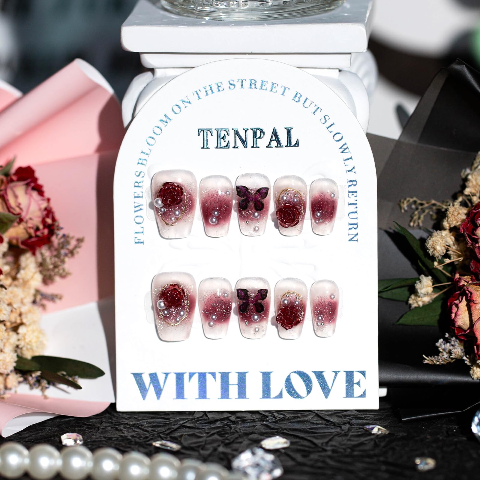 TENPAL Burgundy Press on Nails with Kit,Blackberry Wine Ombre Coffin Nails with Tools,3D Botanical Blooms & Butterflies Glue on Nails,Velvet Effect
