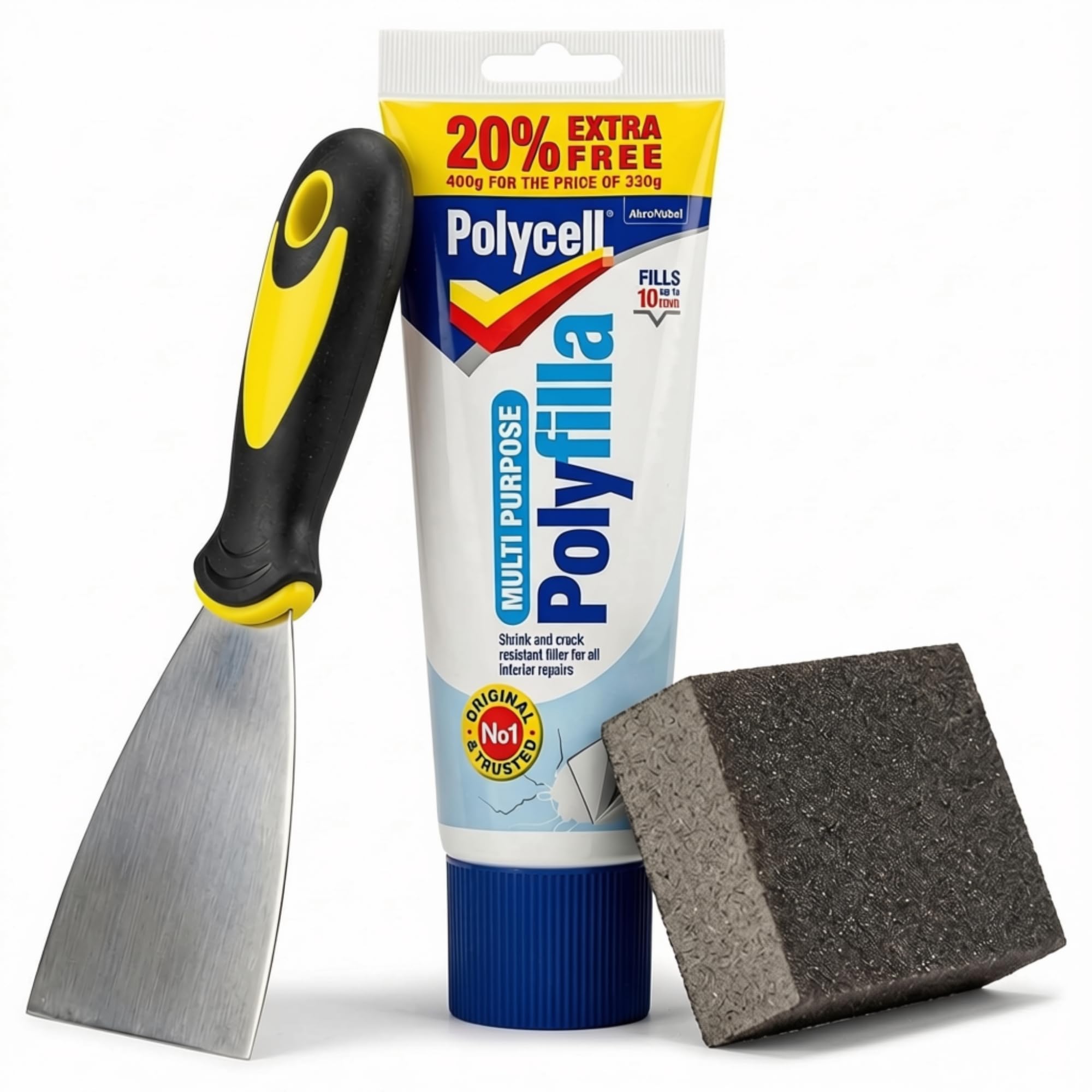 Wall Repair Kit with Polyfilla Ready Mixed, 3" Paint Scraper & Sanding Block – Hole Filler, Filler for Walls, Ready Mixed Compound for Cracks, Dents & Surface Preparation
