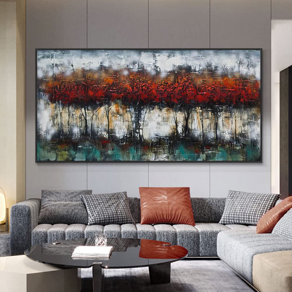 Peinture à l'huile rouge peinte à la main, l'art contemporain au cœur du salon