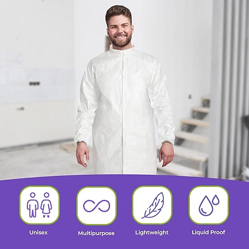 Miniatura 5 de AMZ Disposable Lab Coat, Medium. Pack of 10 White Disposable Lab Coats for Adults. 60 GSM Microporous Disposable Coats Medical PPE with Elastic