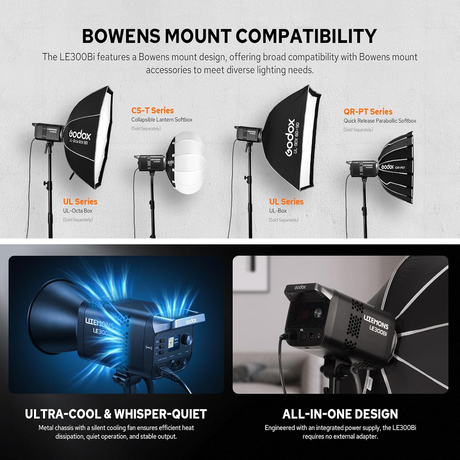 Godox LE300Bi 315W Bicolor LED Video Light, Powerful LED Continuous Output Lighting Bowens Mount,58900lux/1m, 2800K~6500K, CRI 98, FX Mode, Studio Light for Photography Video Recording Live Streaming