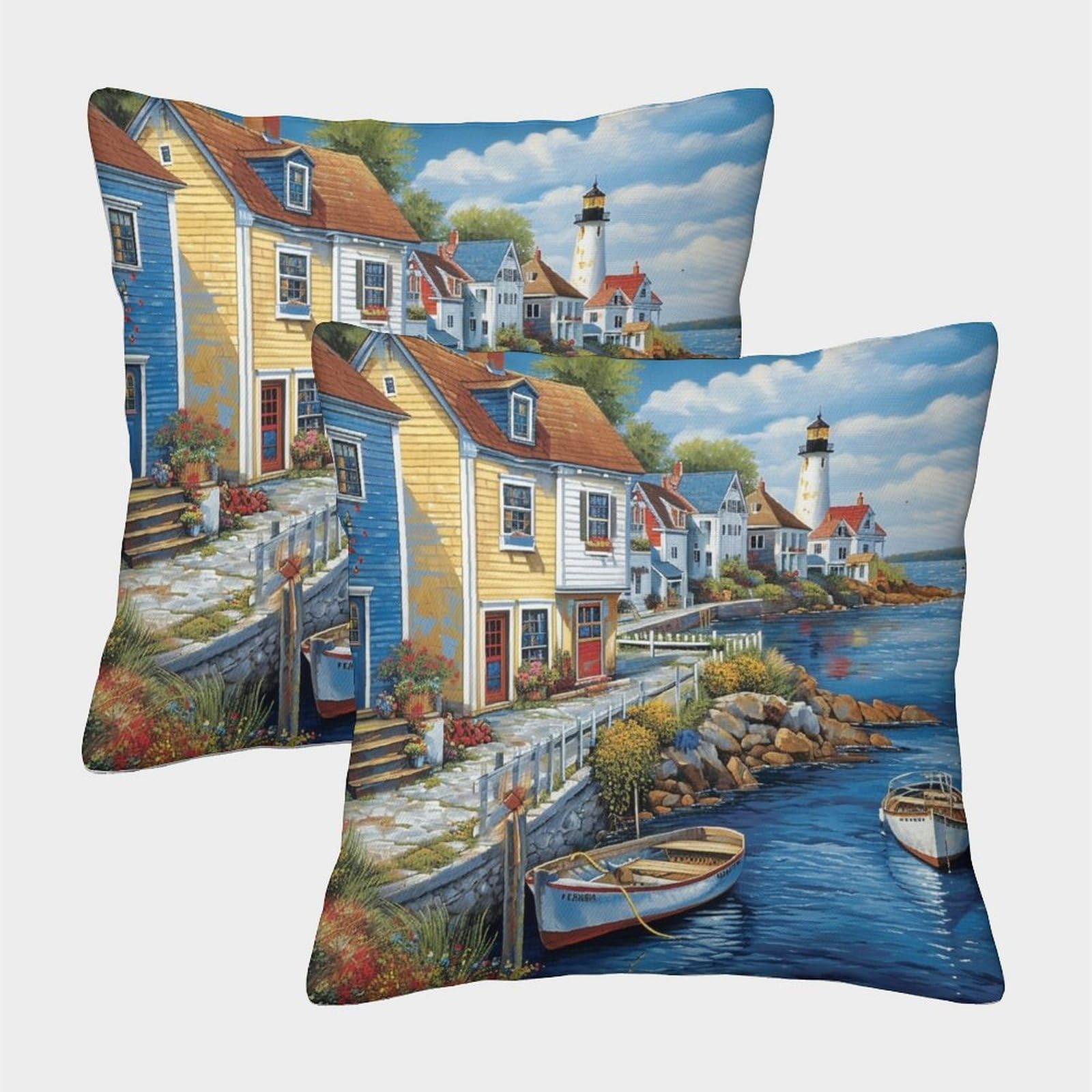 Gparsddio Style-1 Seaside Town Throw Pillow Homeware Cushions With Invisible Zipper Decorative Set Of 2 For Outdoor Home Bed Decor 40X40cm