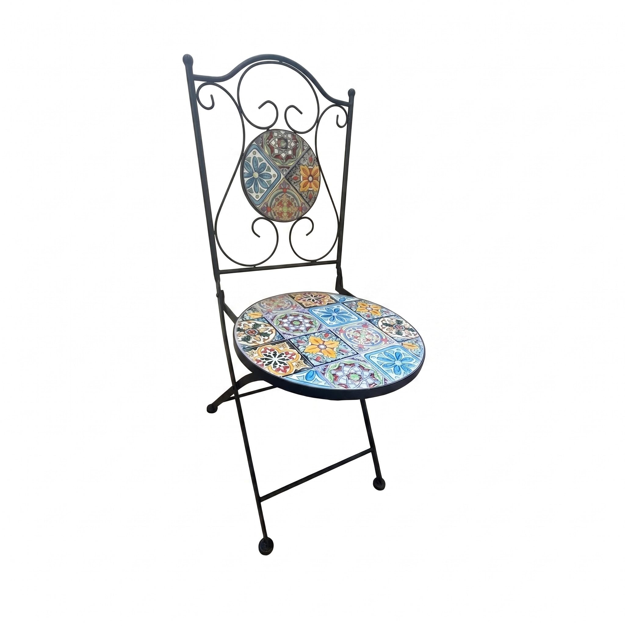 Set Bistro da Esterno Thalia, Tavolino Rotondo e 2 Sedie Pieghevoli, Ceramica e Acciaio Verniciato a Polvere, Stile Industriale Retrò, Tavolo Ø60 cm