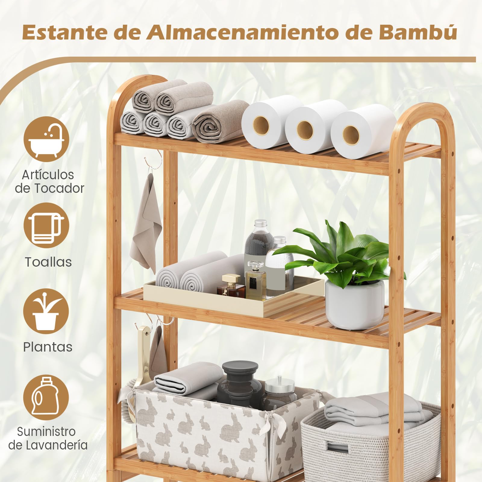 COSTWAY Estantería de Almacenamiento sobre Inodoro, Organizador de Baño de Bambú de 3 Niveles con Estantes de 5 Posiciones, 3 Ganchos, Barra Inferior Ajustable, Ahorra Espacio para Cuarto de Lavado