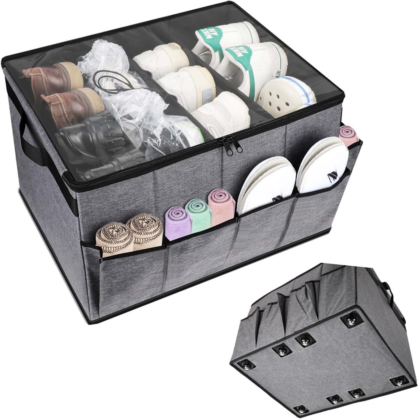 Lukeline Rolling Shoe Organizer for Closet，Foldable Shoe Storage Organizer with Clear Cover and Adjustable Dividers，Stackable Fabric Shoe Storage Box for Entryway，Portable Holder Shoe Rack