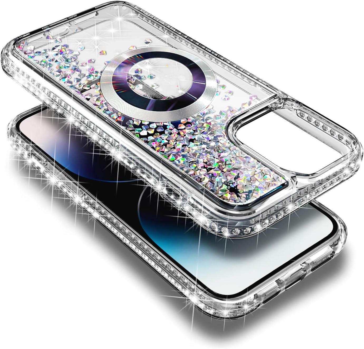 Designed for iPhone 15 Pro Max Magnetic Case Compatible with MagSafe, Tempered Glass Screen Protector/Camera Lens Protector/Wrist Strap Lanyard, Glitter Floating Liquid Cute Case (Diamond) - Image 6